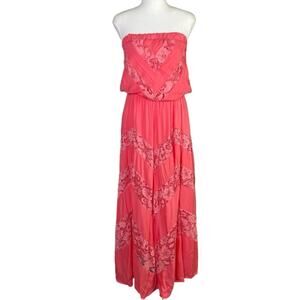 Sorrento Bright Coral Strapless Lace Long Maxi Dress S